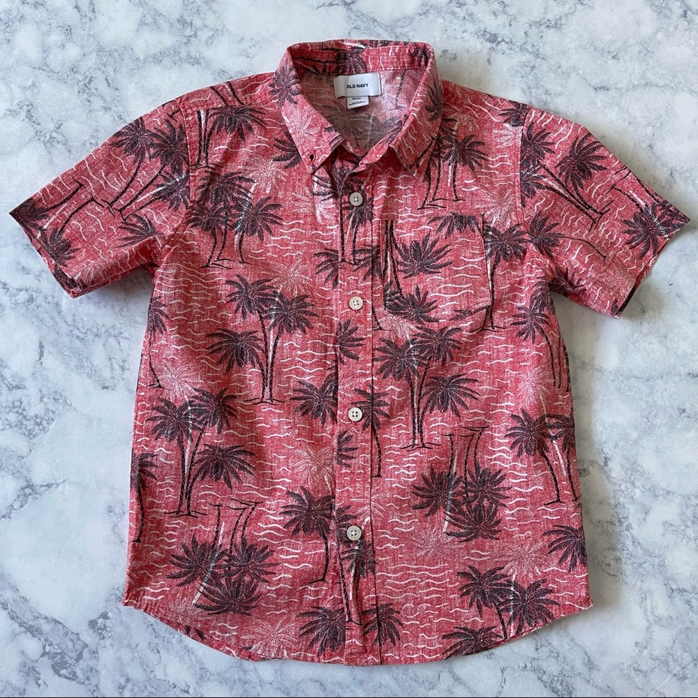 Boys Tropical Palm Angels Trees Summer Beach Red Short Sleeve Hawaiian Shirt XS